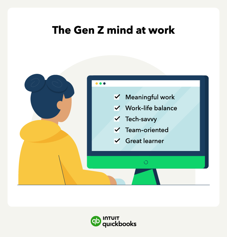 An individual at a computer and a screen displaying core values and priorities such as meaningful work, work-life balance, tech-savvy, team-oriented, and great learner.